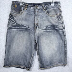 RocaWear Jean Shorts Men 38 Blue Med Wash Whiskering Wide Baggy Hip Hop Y2K